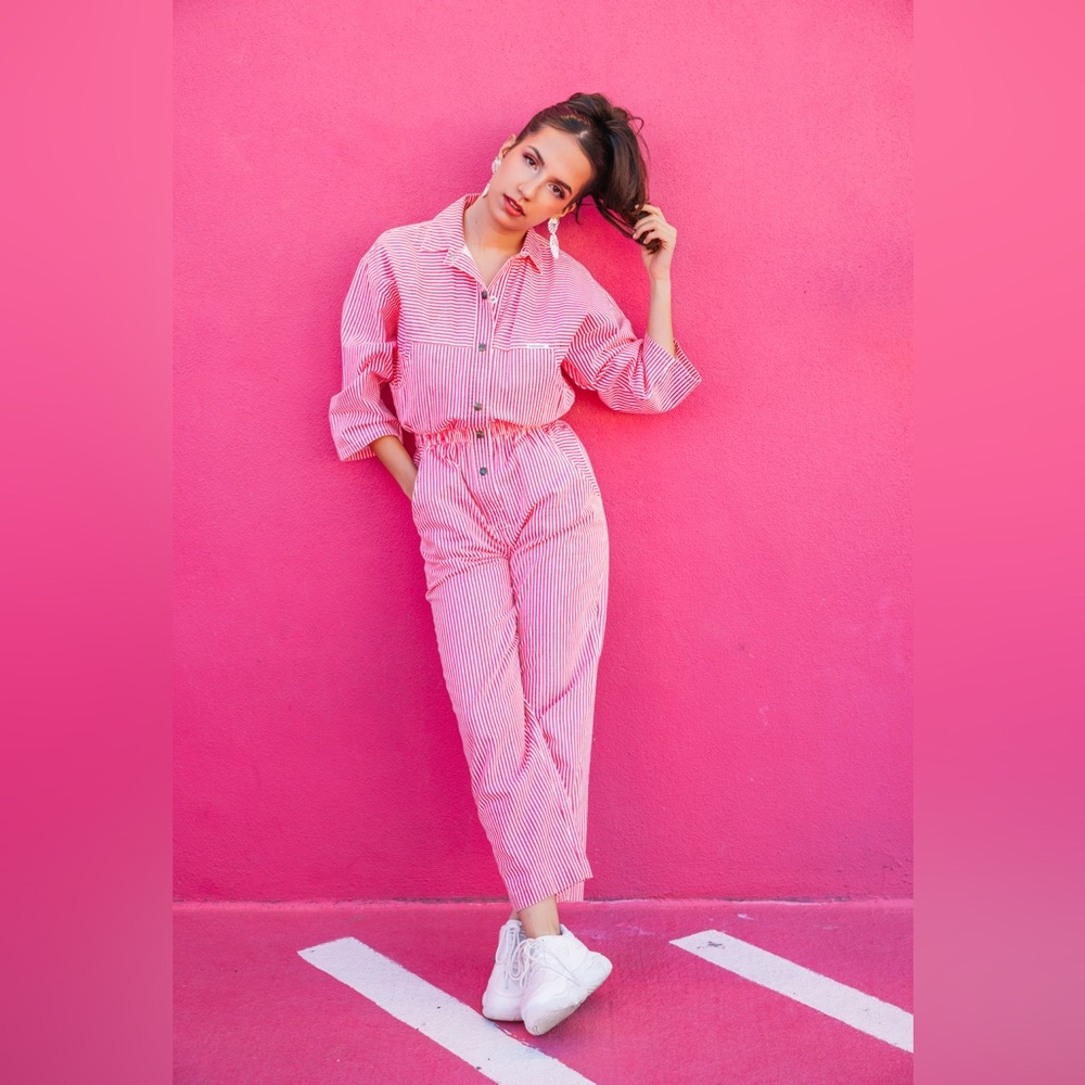 Vintage Pink & White Striped Jumpsuit
